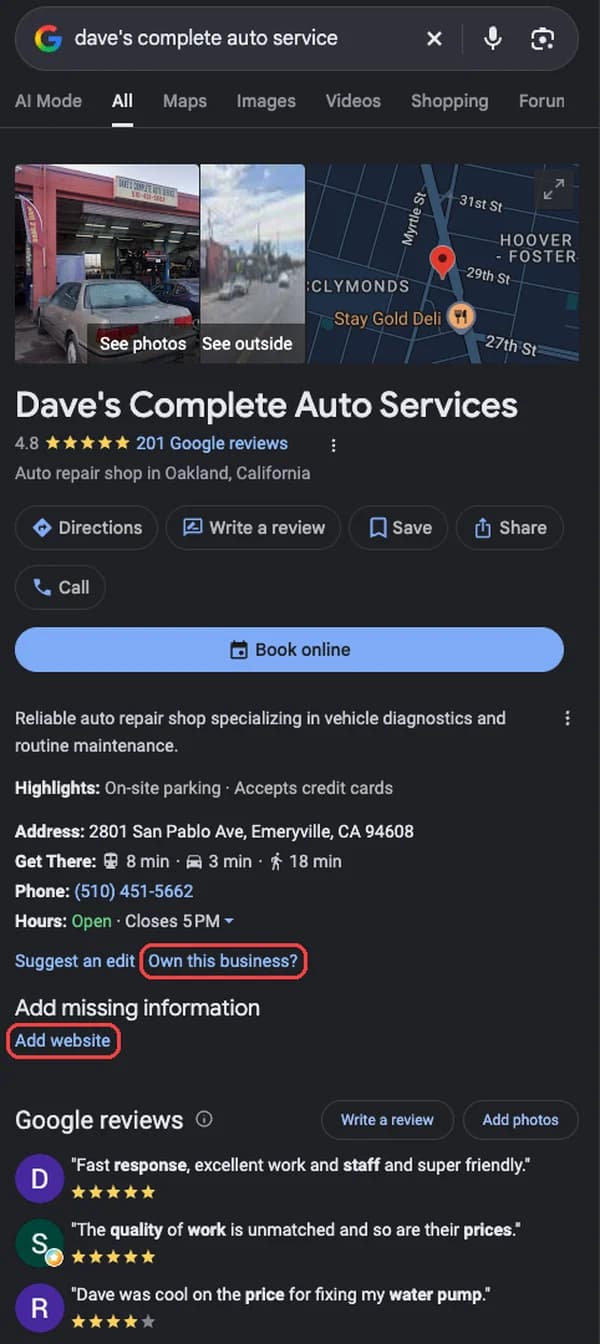 Before: Dave’s Complete Auto Service’s Google listing, with no website and an unclaimed profile