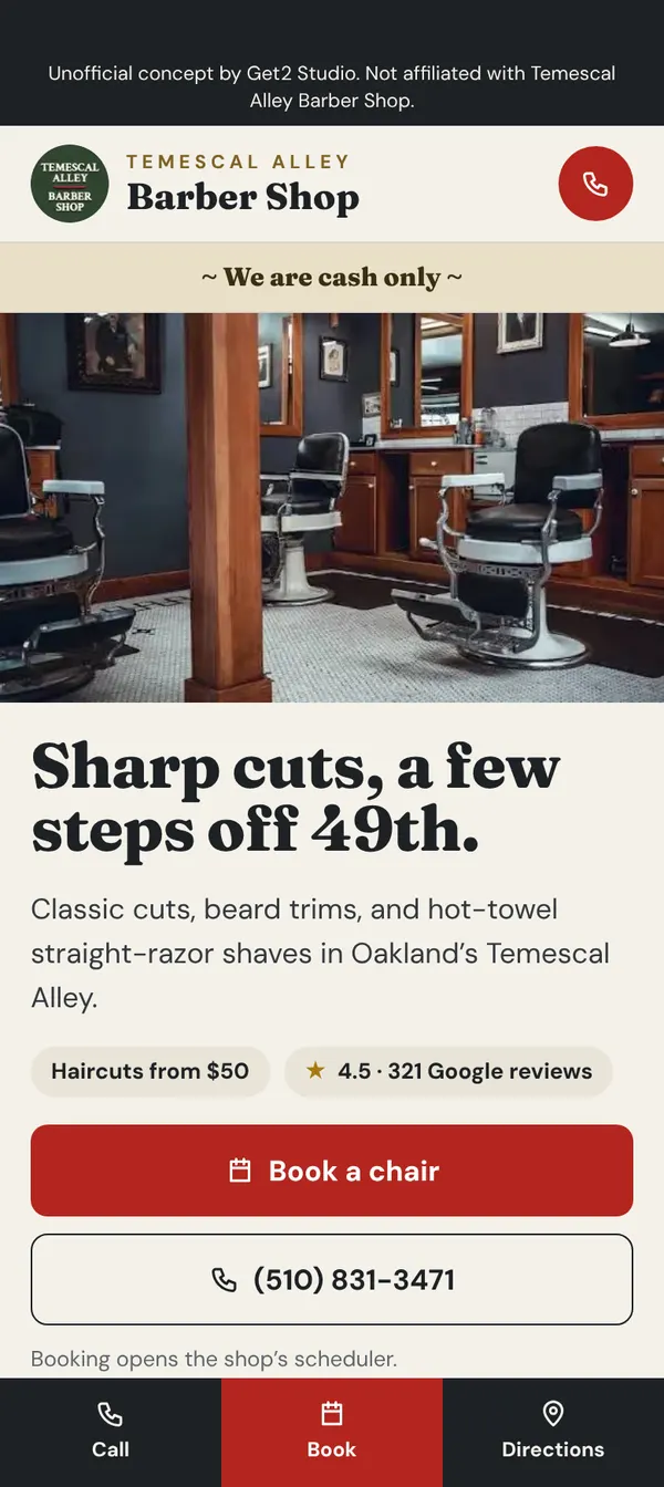 Temescal Alley Barber Shop concept homepage on a phone